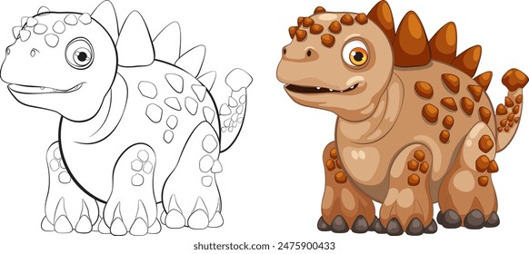 Adorable dinosaur in color and outline versions