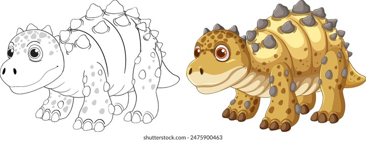 Adorable dinosaur in color and outline versions