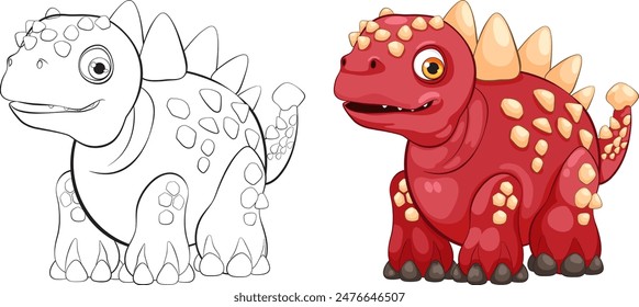 Adorable dinosaur in color and outline versions
