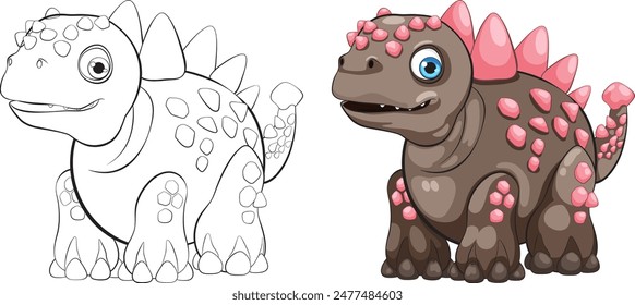 Adorable dinosaur in color and outline versions