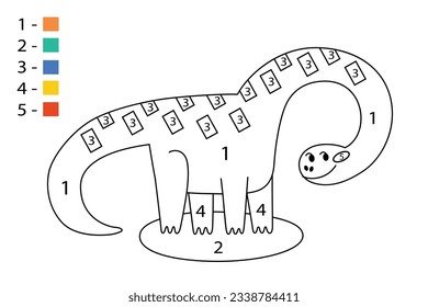 Adorable dinosaur coloring page, diplodocus with long neck, coloration activity for children, monster coloring book, vector illustration of smiling reptile, coloring by numbers