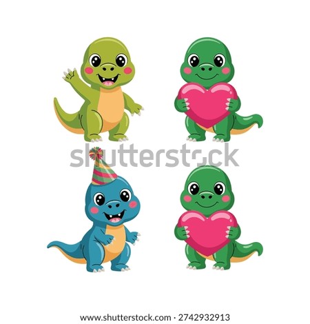 Adorable dinosaur couple set holding hearts, Valentine season vector for classroom craft, greeting card, kids party, preschool bulletin decoration.