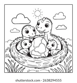 Adorable Dinosaur Family Coloring Page Cute Cartoon Dinosaurs with Eggs Black and White Line Art for Kids