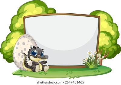 Hachura de dinossauro adorável ao lado de um sinal em branco