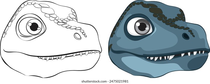 Adorable dinosaur head in color and outline