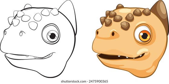 Adorable dinosaur head in color and outline
