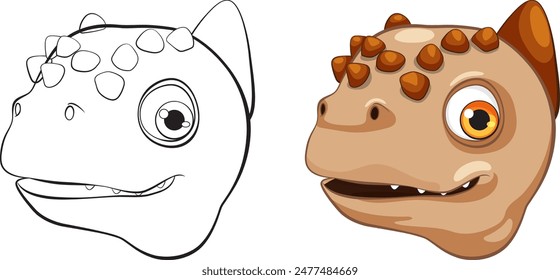 Adorable dinosaur head in color and outline