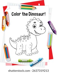 Adorable dinosaur illustration ready for coloring, surrounded by colorful crayons. Perfect for children's activities and educational use