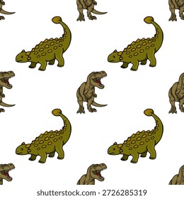 Adorable Dinosaurier-Muster Vektorgrafik für Kinder, mit verspielten T-Rex und Ankylosaurus Zeichen auf weißem Hintergrund.