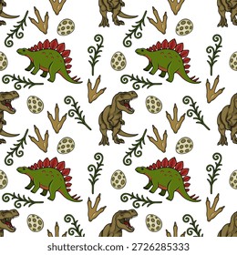Adorable dinosaur pattern vector illustration with prehistoric plants and eggs