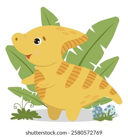 Adorable dinosaur and prehistoric plants for greeting card design, congratulations and invitation card making. Vector dinosaur set.