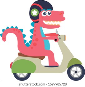 Adorable dinosaur riding on a scooter. Cartoon style. Vector illustration. Flat design style.
