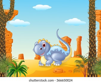 Adorable dinosaur sitting with prehictoric background