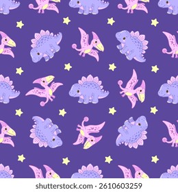 Adorable dinosaur and star seamless pattern in pastel colors 