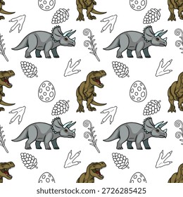 Adorável padrão vetorial de dinossauro com tricerátops, t-rex, ovos, pegadas e pineconas