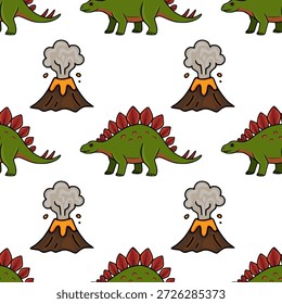 Adorable dinosaurio y volcán sin patrón de Ilustración vectorial para los niños