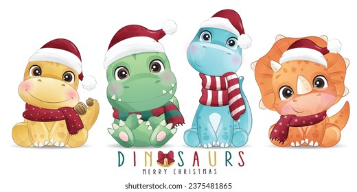 Adorable dinosaurs christmas poses with watercolor illustration