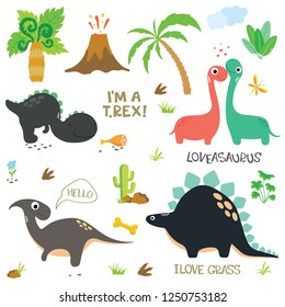 Adorable dinosaurs isolated on white background. Dinosaur footprint, Volcano, Palm tree, Stones, Bone and Cactus.