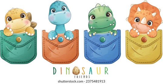 Adorable dinosaurs pocket collection with watercolor illustration