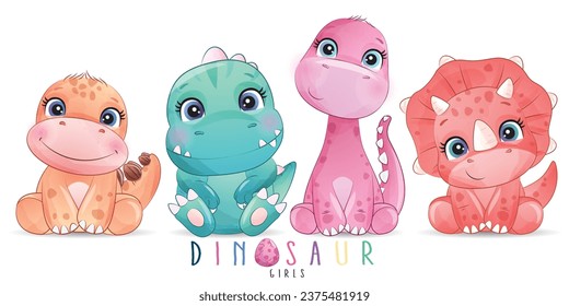 Los dinosaurios adorables posa con la ilustración de la acuarela