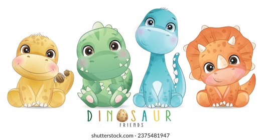 Adorable dinosaurs poses with watercolor illustration