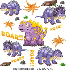 Adorable dinosaurs with rocks and plants