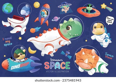 Adorable dinosaurs space collection with watercolor illustration