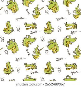 An adorable dino-themed seamless vector featuring playful dinosaurs in various poses and expressions. This cheerful repeating design includes charming prehistoric creatures rendered in a colorful.