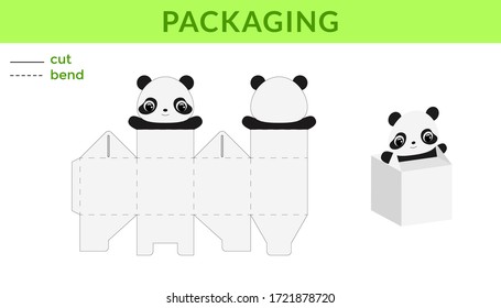 Adorable DIY party favor box for birthdays, baby showers with cute panda for sweets, candies, small presents. Printable color scheme. Print, cut out, fold, glue. Vector stock illustration.