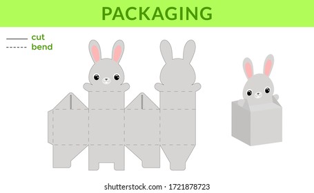 Adorable DIY party favor box for birthdays, baby showers with cute rabbit for sweets, candies, small presents. Printable color scheme. Print, cut out, fold, glue. Vector stock illustration.