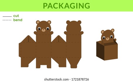 Adorable DIY party favor box for birthdays, baby showers with cute bear for sweets, candies, small presents. Printable color scheme. Print, cut out, fold, glue. Vector stock illustration.