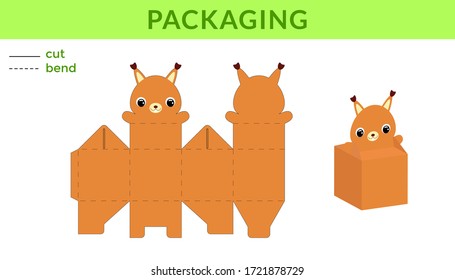 Adorable DIY party favor box for birthdays, baby showers with cute squirrel for sweets, candies, small presents. Printable color scheme. Print, cut out, fold, glue. Vector stock illustration.