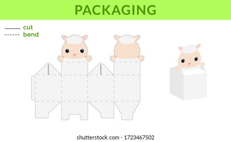 Adorable DIY party favor box for birthdays, baby showers with cute sheep for sweets, candies, small presents. Printable color scheme. Print, cut out, fold, glue. Vector stock illustration.