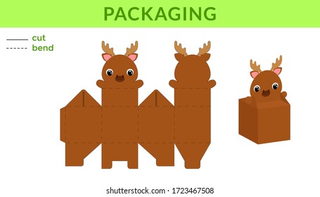 Adorable DIY party favor box for birthdays, baby showers with cute moose for sweets, candies, small presents. Printable color scheme. Print, cut out, fold, glue. Vector stock illustration.