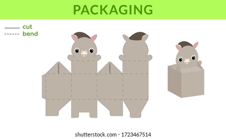 Adorable DIY party favor box for birthdays, baby showers with cute donkey for sweets, candies, small presents. Printable color scheme. Print, cut out, fold, glue. Vector stock illustration.