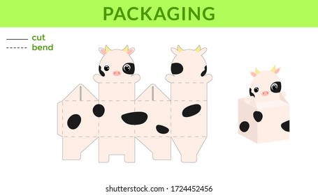 Adorable DIY party favor box for birthdays, baby showers with cute cow for sweets, candies, small presents. Printable color scheme. Print, cut out, fold, glue. Vector stock illustration.