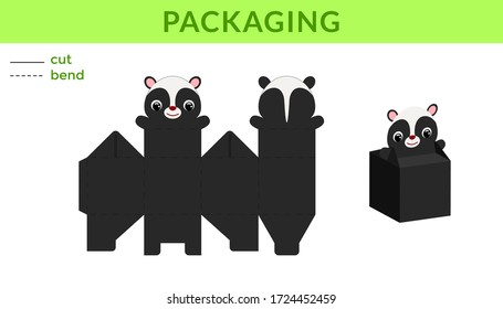 Adorable DIY party favor box for birthdays, baby showers with cute skunk for sweets, candies, small presents. Printable color scheme. Print, cut out, fold, glue. Vector stock illustration.