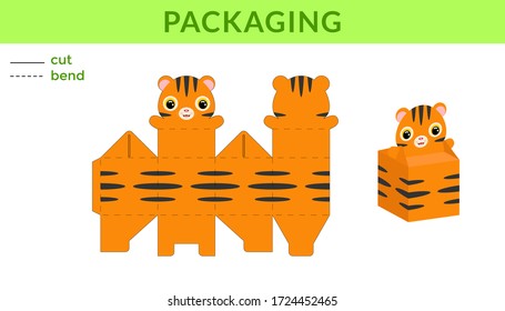 Adorable DIY party favor box for birthdays, baby showers with cute tiger for sweets, candies, small presents. Printable color scheme. Print, cut out, fold, glue. Vector stock illustration.