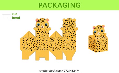 Adorable DIY party favor box for birthdays, baby showers with cute jaguar for sweets, candies, small presents. Printable color scheme. Print, cut out, fold, glue. Vector stock illustration.