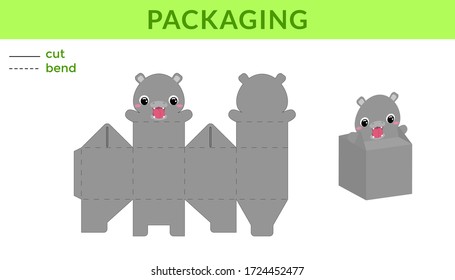 Adorable DIY party favor box for birthdays, baby showers with cute hippo for sweets, candies, small presents. Printable color scheme. Print, cut out, fold, glue. Vector stock illustration.