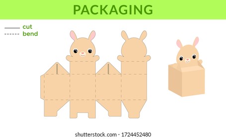 Adorable DIY party favor box for birthdays, baby showers with cute rabbit for sweets, candies, small presents. Printable color scheme. Print, cut out, fold, glue. Vector stock illustration.