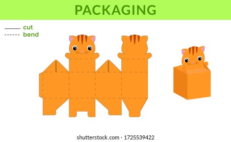 Adorable DIY party favor box for birthdays, baby showers with cute cat for sweets, candies, small presents. Printable color scheme. Print, cut out, fold, glue. Vector stock illustration.