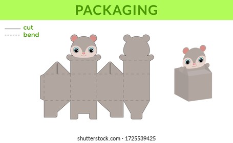 Adorable DIY Party Gefälligkeitsbox zum Geburtstag, Babyduschen mit süßem Opossum für Süßigkeiten, Bonbons, kleine Geschenke. Druckbares Farbschema. Drucken, ausschneiden, falten, klemmen. Vector Stock Illustration.