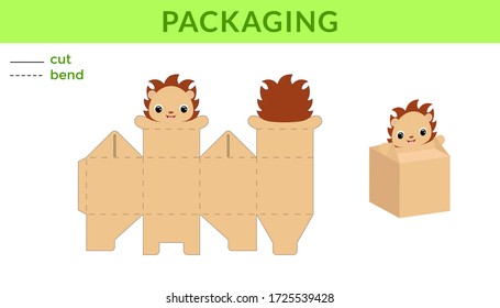 Adorable DIY party favor box for birthdays, baby showers with cute hedgehog for sweets, candies, small presents. Printable color scheme. Print, cut out, fold, glue. Vector stock illustration.