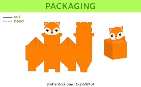 Adorable DIY party favor box for birthdays, baby showers with cute fox for sweets, candies, small presents. Printable color scheme. Print, cut out, fold, glue. Vector stock illustration.