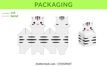 Adorable DIY party favor box for birthdays, baby showers with cute zebra for sweets, candies, small presents. Printable color scheme. Print, cut out, fold, glue. Vector stock illustration.
