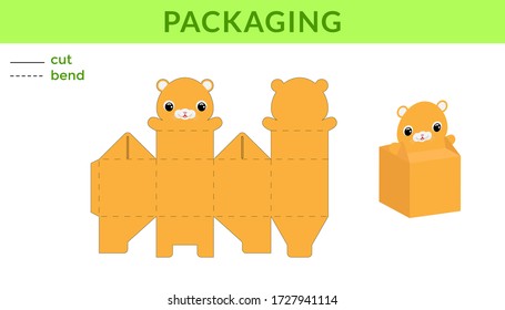 Adorable DIY party favor box for birthdays, baby showers with cute hamster for sweets, candies, small presents. Printable color scheme. Print, cut out, fold, glue. Vector stock illustration.