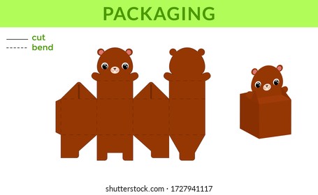 Adorable DIY party favor box for birthdays, baby showers with cute beaver for sweets, candies, small presents. Printable color scheme. Print, cut out, fold, glue. Vector stock illustration.