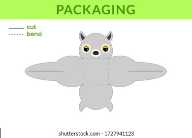 Adorable DIY party favor box for birthdays, baby showers with cute lemur for sweets, candies, small presents, bakery. Printable color scheme. Print, cut out, fold no glue. Vector stock illustration.