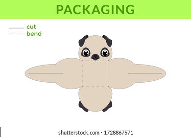Adorable DIY party favor box for birthdays, baby showers with cute dog for sweets, candies, small presents, bakery. Printable color scheme. Print, cut out, fold no glue. Vector stock illustration.